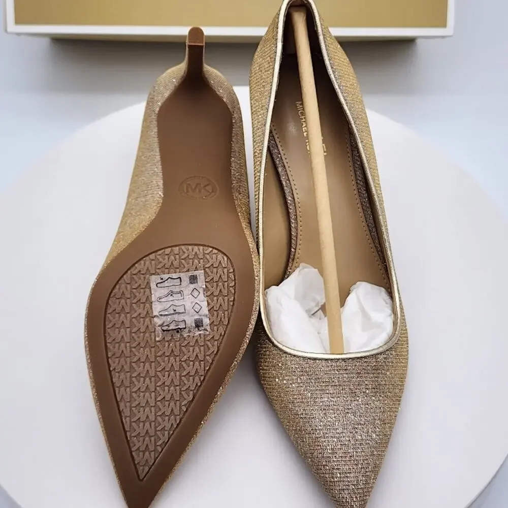 NEW Michael Kors Alina Flex Pump Pale Gold Glitter Chain Mesh Heels Size 5.5M